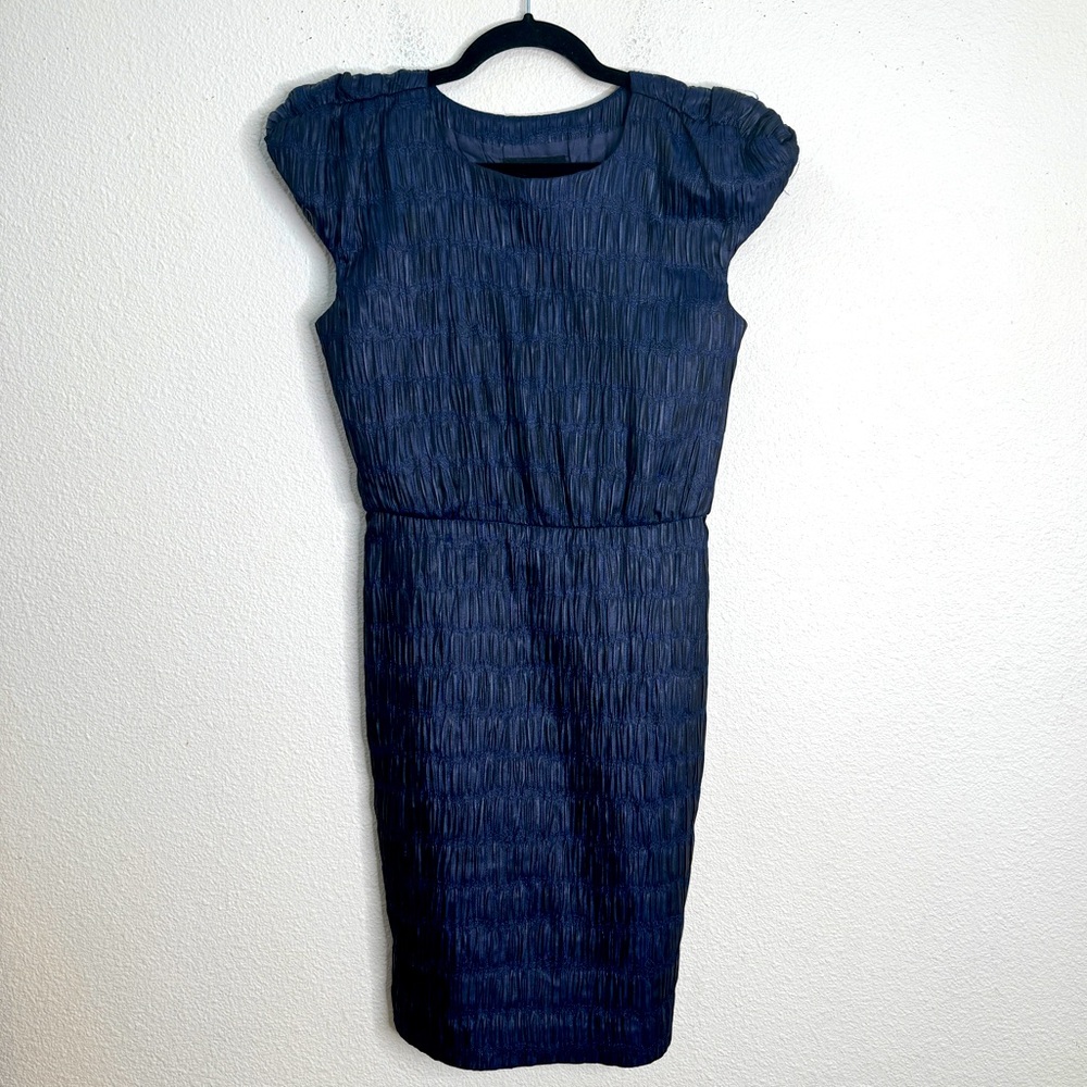 Cynthia Rowley Smocked Blue Sheen Cap Sleeve Midi Cocktail Silk Dress Size M